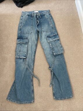 Zara Blue Denim Flare Cargo Jeans with Utility Pockets